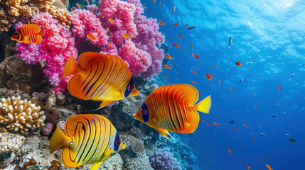 Fototapeta na wymiar A group of fish swims gracefully over a vibrant coral reef, showcasing the diverse marine life found in the ocean ecosystem