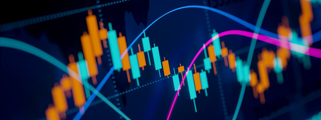 Stock market chart, lines and data. Cloes-up orange and blue candle stick chart, lines and moving averages in defocus. Business, trading, investment, growth. - obrazy, fototapety, plakaty