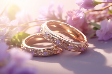 Wedding rings displayed on a table next to delicate flowers for a romantic celebration.