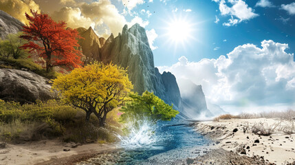 Sun shines brightly over a river cutting through rugged cliffs adorned with colorful autumn trees...