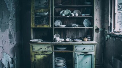  an old china cabinet with dishes stacked on top of it in a room with peeling paint on the walls and peeling paint on the walls.
