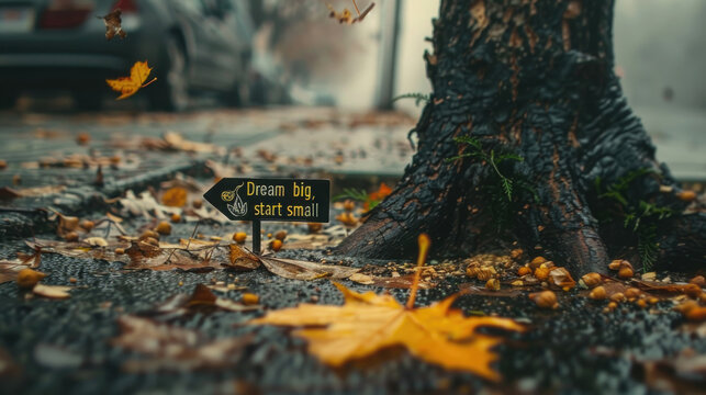 A close-up view of a tree base, fallen autumn leaves, and an encouraging note, Dream big, start small, on a pavement - Powered by Adobe