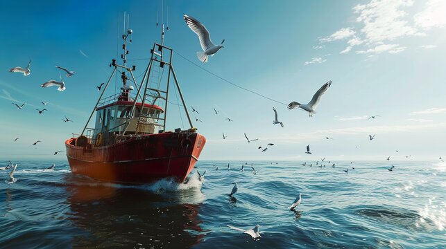 hyperealistic, a fishing boat on the see with seaguls in a clear blue sky
