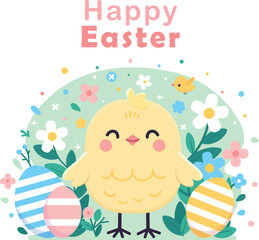 Plump yellow chick standing proudly in the center with text Happy Easter. The chick is set against a backdrop of a lush green meadow dotted with flowers of various colors, and there's a little bird