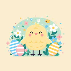 Illustration of a yellow chicken among flowers for an Easter card or holiday decoration. Charming, round yellow chick with a simple and contented expression, standing amidst a field of colorful flower