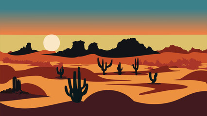 Desert Dusk landscape at sunset, with Cacti and distant mountains