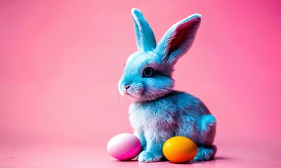 Fluffy pink Easter bunny covered in blue paint with painted eggs - obrazy, fototapety, plakaty
