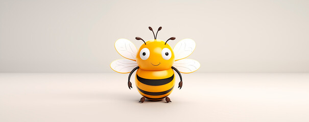 3D rendering of a fat stylized bee on a light background with copy space. Illustration with a cute insect in cartoon 3d style