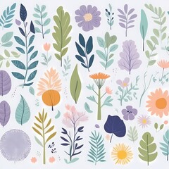 A collection of seamless pattern, colorful abstract plants and flowers. Hand drawn Collection of leaves and flowers. A close up of a pattern of flowers and leaves.
