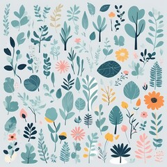 Fototapeta premium A collection of seamless pattern, colorful abstract plants and flowers. Hand drawn Collection of leaves and flowers. A close up of a pattern of flowers and leaves. 