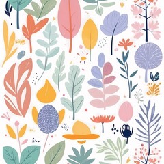 A collection of seamless pattern, colorful abstract plants and flowers. Hand drawn Collection of leaves and flowers. A close up of a pattern of flowers and leaves.
