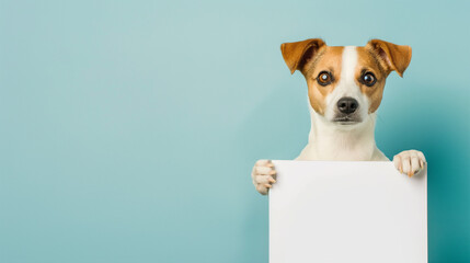Cachorro fofo segurando um cartaz em branco isolado no fundo azul claro - obrazy, fototapety, plakaty