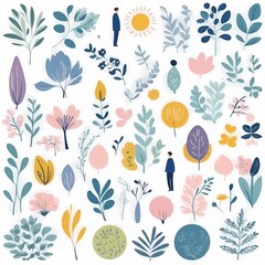 A collection of seamless pattern, colorful abstract plants and flowers. Hand drawn Collection of leaves and flowers. A close up of a pattern of flowers and leaves.
