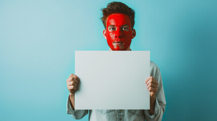 Homem com o rosto pintado de vermelho segurando um cartaz em branco isolado no fundo azul claro
