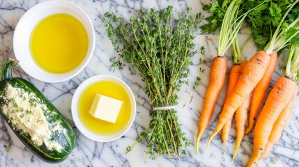  carrots, butter, parsley, and other ingredients are laid out on a marble surface to be used as a garnish.