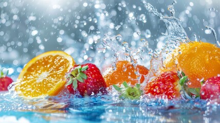 Panorama of fresh fruits. Splash with water drops. 3d high resolution collage (glass panel) for skinali. Isolated white background.