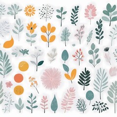 A collection of seamless pattern, colorful abstract plants and flowers. Hand drawn Collection of leaves and flowers. A close up of a pattern of flowers and leaves.
