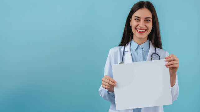 Mulher medica segurando um cartaz em branco isolada no fundo azul claro