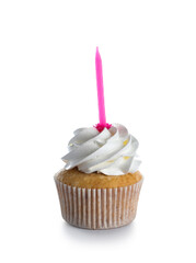 Delicious birthday cupcake with burning candle on white background