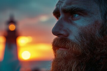 Close up portrait of bearded man with lighthouse in background, serene and contemplative atmosphere on coastal cliff