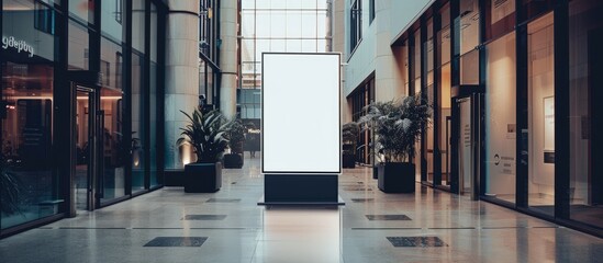A blank white vertical indoor advertising poster stand with a black frame is displayed in a shopping center or mall. - obrazy, fototapety, plakaty