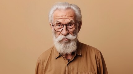 Photo of impressed old white hairdo man index empty space wear spectacles brown shirt isolated on beige color background 