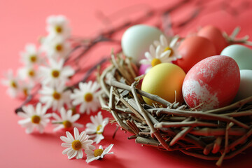 Fototapeta na wymiar Colorful painted easter eggs in bird nest with white small chamomiles on vivid red background. Greeting card for Easter holidays. Spring time.