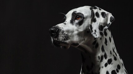 Portrait of a Dalmatian dog, on an isolated black background. Shot in a studio with pulsed light.