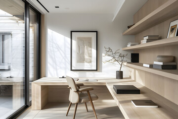 A modern home office with a minimalist desk, chair and floating shelves made of light wood against white walls, a large window showing greenery outside with clean lines and natural lighting.