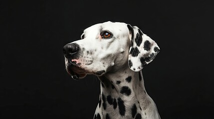 Portrait of a Dalmatian dog, on an isolated black background. Shot in a studio with pulsed light.