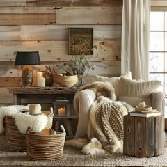 Fototapeta na wymiar Rustic Charm: Create a cozy and inviting atmosphere with a rustic living room featuring warm wood tones, earthy textures, and vintage-inspired decor. Use reclaimed wood furniture, woven baskets.
