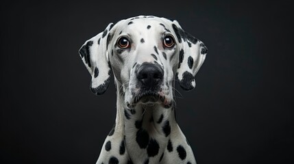 Portrait of a Dalmatian dog, on an isolated black background. Shot in a studio with pulsed light.
