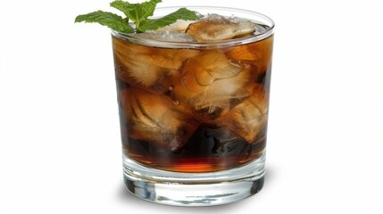  a glass of ice tea with a mint sprig on the top of the glass and ice cubes on the bottom of the glass.