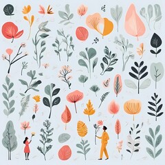 A collection of seamless pattern, colorful abstract plants and flowers. Hand drawn Collection of leaves and flowers. A close up of a pattern of flowers and leaves.
