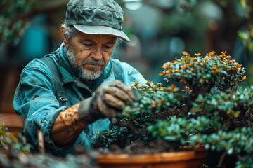 A seasoned gardener meticulously pruning an intricate topiary, shaping nature into an elegant and structured form. Concept of artistic gardening and topiary design. Generative Ai.