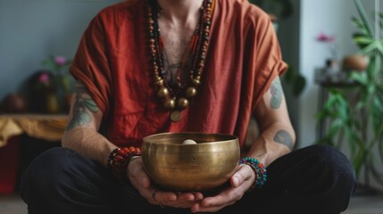 Young man with Tibetan singing bowl at home - obrazy, fototapety, plakaty