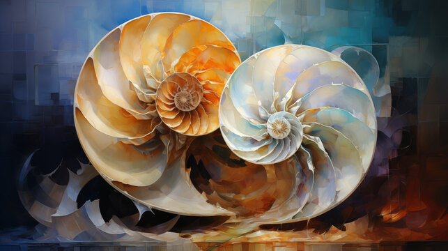 artistic oil painting of yiang and yang shape as two nautilus shells as background.