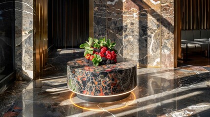 a cake with strawberries on top of it sitting on a table in a room with marble walls and flooring.