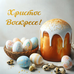 Greeting card, Easter bread and colored eggs, "Christ is Risen" in Russian.