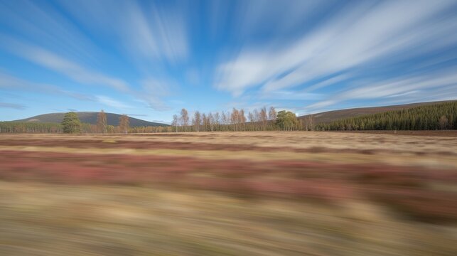  a blurry photo of a field with trees in the distance and a blue sky with clouds in the background.