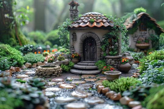 A whimsical fairy garden adorned with miniature furnishings, appealing to the imagination and creativity in gardening. Concept of fantastical garden design. Generative Ai.