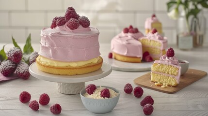  a close up of a cake on a plate with raspberries on the side and a bowl of raspberries on the side.