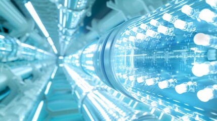 a close up view of a light fixture in a room with many lights on the ceiling and a blue and white background.