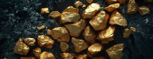Heap of gleaming gold nuggets on dark stone background realistic 3D rendering of precious metal bounty