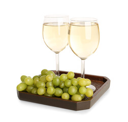 Wooden board with grapes and glasses of exquisite wine on white background