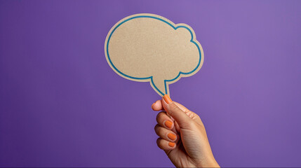 Fototapeta premium Hand holding speech bubble graphic resource. Craft balloon cloud with empty space for text or message.