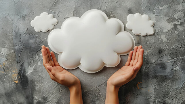 Creative cloud concept graphic resources. Hands with clouds bubbles on grey background.