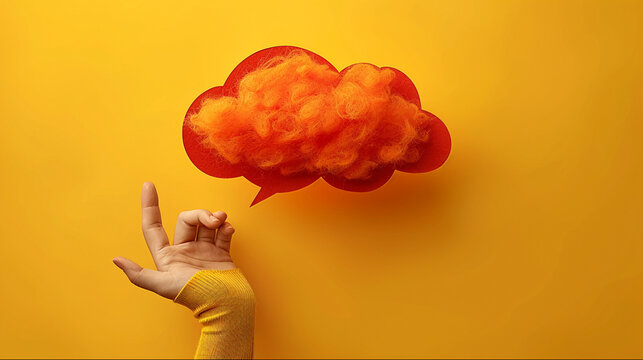 Creative graphic resources cloud concept with orange decorative speech cloud isolated on yellow background.