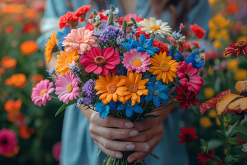 A pair of hands skillfully arranging a vibrant bouquet of wildflowers, showcasing the artistry of floral composition. Concept of expressive flower arrangement. Generative Ai.