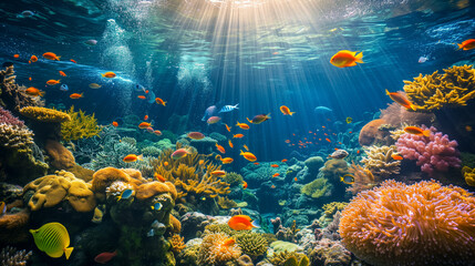 Vibrant underwater seascape with coral and tropical fish